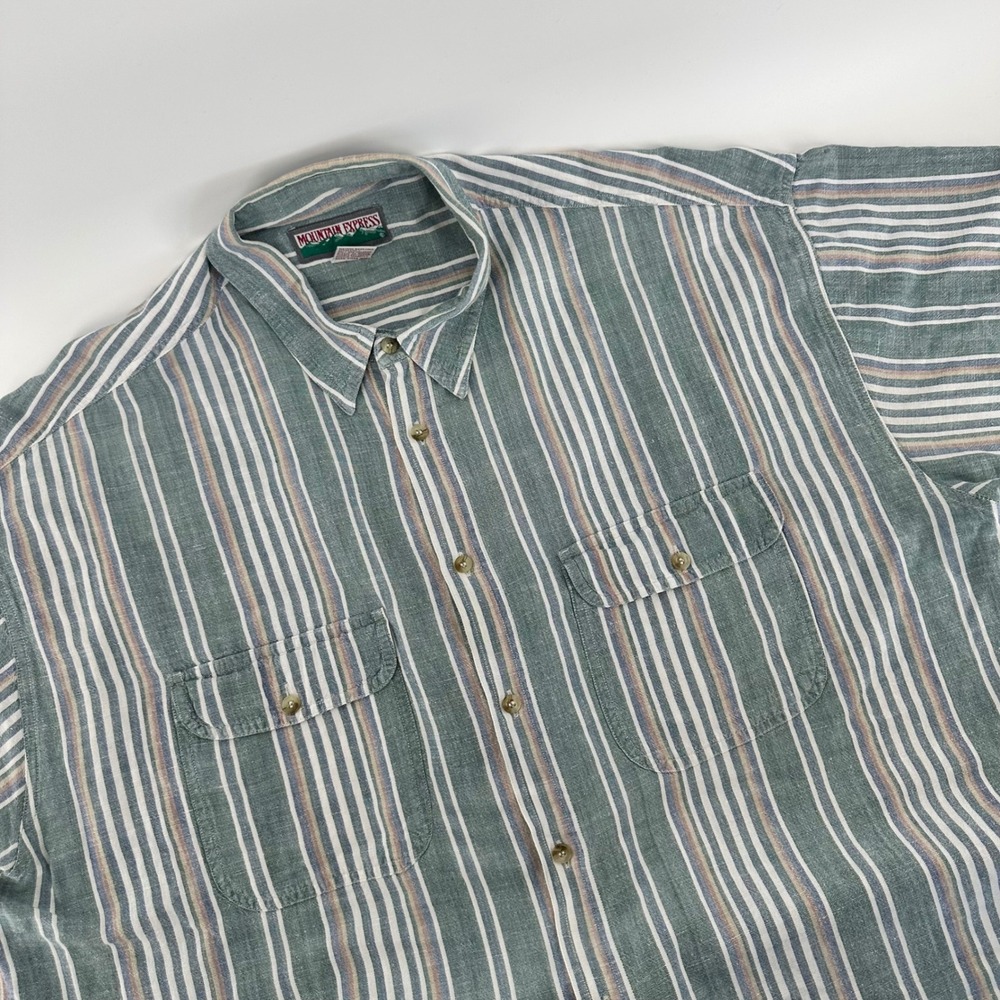 Mountain Express Striped Button Down Shirt Green Cotton Linen XL